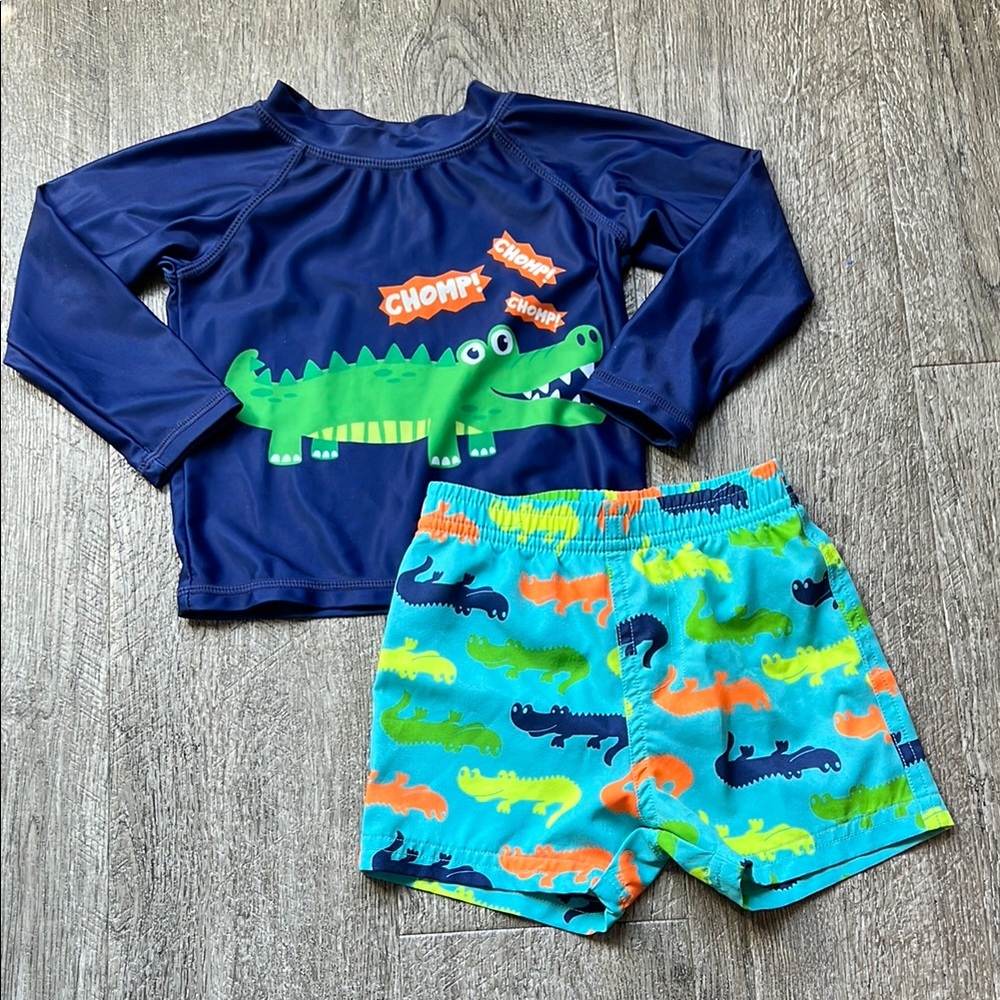Ingear Blue and Green Rashguard Swim Set with Crocodile Graphics